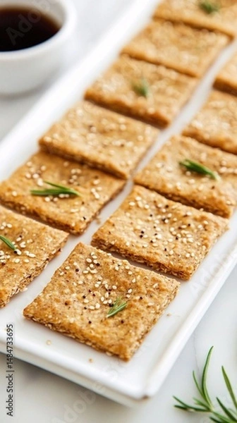 Fototapeta Crispy Homemade Seed Crackers with Rosemary on white square plate	