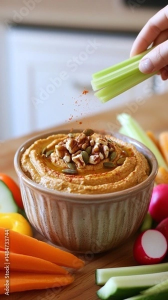 Fototapeta hummus in a vibrant, ceramic bowl, swirled with olive oil and topped with toasted nuts, and vegetables nearby