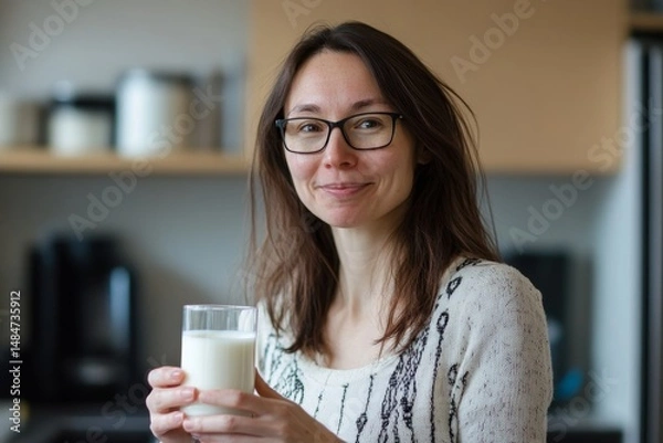 Fototapeta A woman with glasses holding a glass of milk in a kitchen with a neutral expression on her face