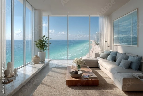 Obraz A close-up of a modern living room with a view of the ocean and beach in a newly built condo.