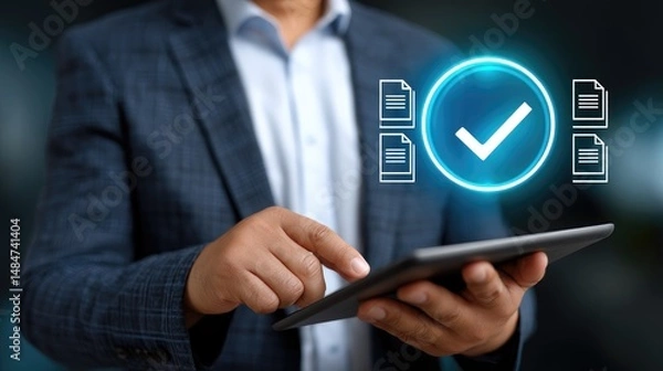 Obraz A professional using a tablet with digital document verification icons in the background.