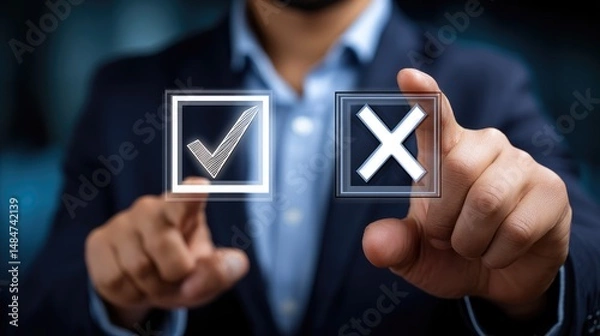 Fototapeta Focused professional making decisions with check and cross icons for evaluation.