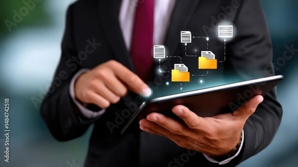 Obraz Professional managing digital files on a tablet with modern technology visuals.