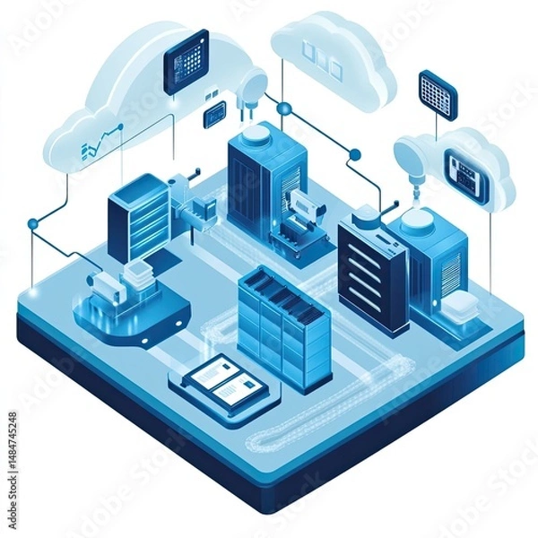 Fototapeta Cloud-connected robotics systems managing factory automation with real-time AI analytics, predictive maintenance, robotic arms collaboration, energy usage monitoring