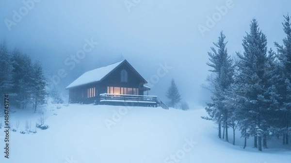 Fototapeta A cozy wooden cabin sits nestled in a snowy forest, shrouded in a thick fog, with warm light glowing from its windows.