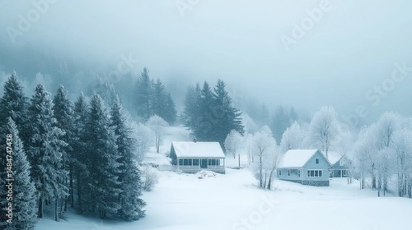Fototapeta Two cozy cottages nestled in a snowy forest, shrouded in a soft fog, creating a serene winter scene.