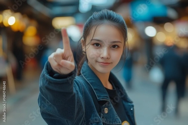 Fototapeta Young woman in denim jacket pointing upwards with blurred background in an urban outdoor environment