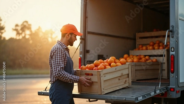 Fototapeta Worker loading fresh oranges from the back of a delivery truck during sunset, showcasing a calm outdoor setting, with warm light illuminating the scene