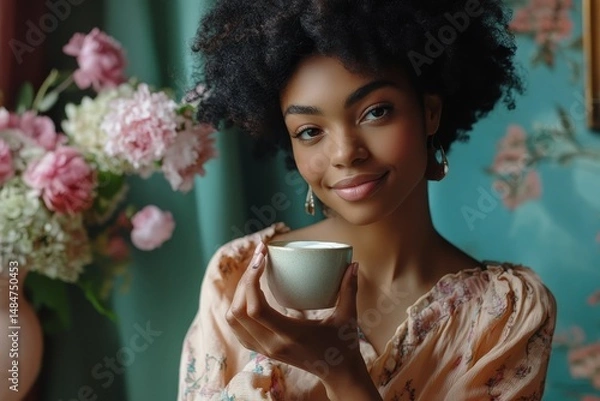 Fototapeta Portrait of a young woman holding a teacup with flowers and patterned wallpaper in the background