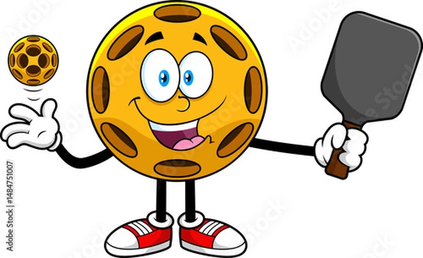 Fototapeta Pickleball Cartoon Mascot Character Holding Paddle and Smiling - Vector Hand Drawn Illustration Isolated On Transparent Background