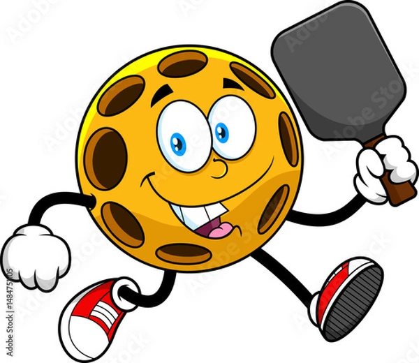 Fototapeta Pickleball Mascot Running With Paddle - Vector Hand Drawn Illustration Isolated On Transparent Background