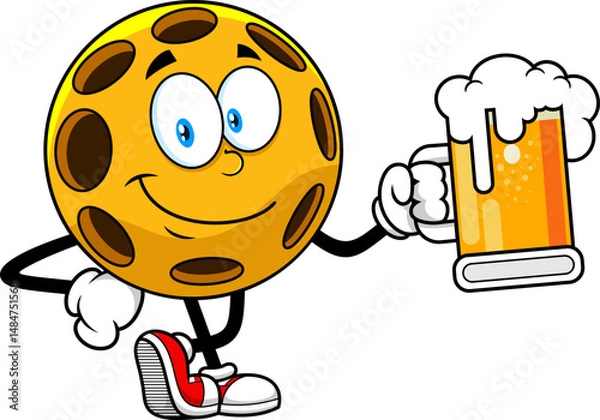 Fototapeta Pickleball Character Holding A Beer Mug With Foam - Vector Hand Drawn Illustration Isolated On Transparent Background