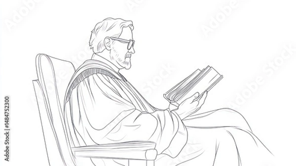 Fototapeta Judge reading book, profile view, chair, courtroom background, possible stock photo use