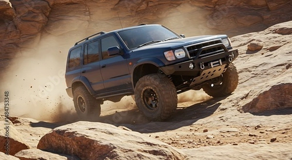 Fototapeta Vehicle Driving Over Rocks in Desert Landscape