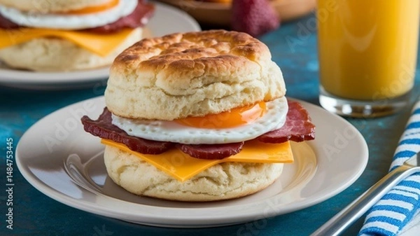 Fototapeta Egg, cheese, and bacon or sausage on a biscuit, muffin, or croissant for a quick breakfast