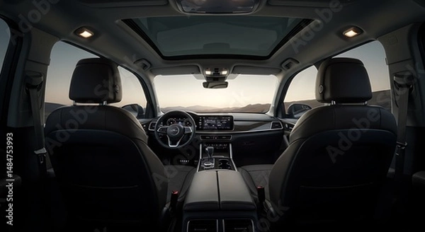 Fototapeta Vehicle Interior View with Open Sunroof and Modern Dashboard