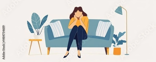 Fototapeta Woman sitting on a couch with pillows in a room with a lamp and plants in a minimalist style