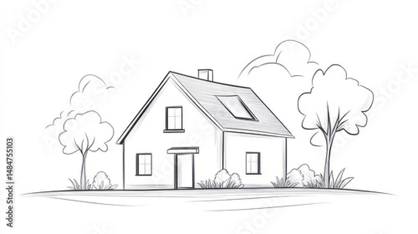 Fototapeta Simple sketch of a house in a garden, outdoor scene, possible use in architectural or nature-related projects