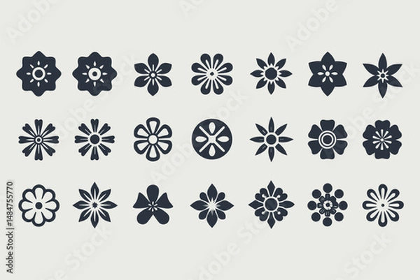 Fototapeta Symmetrical floral abstract icons set, minimalist flower designs with varied petal shapes and radial symmetry, perfect for logos vector illustration.