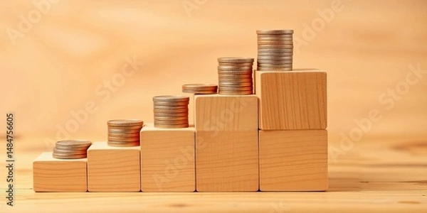 Fototapeta Wooden block stairs topped with coins, symbolizing incremental savings, coins, cost reduction