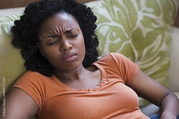 Fototapeta Woman with closed eyes lying on a patterned pillow wearing an orange shirt with a furrowed brow