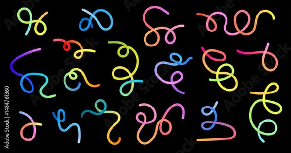 Fototapeta Liquid gradient lines collection. Wavy dynamic swirl vector elements set isolated on black background
