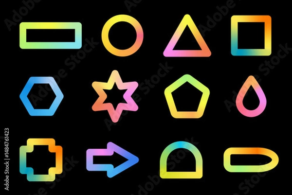 Fototapeta Trendy gradient geometric shapes set. Collection of rainbow color linear vector icon isolated on black background