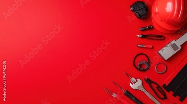 Fototapeta Tools and Safety Equipment Arranged on Red Background