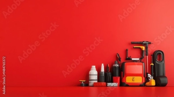 Fototapeta Collection of Various Tools and Equipment Against a Red Background