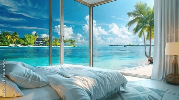 Fototapeta 
Interior of a luxury hotel room with a panoramic window overlooking a tropical beach with palm trees. A corner of paradise.
