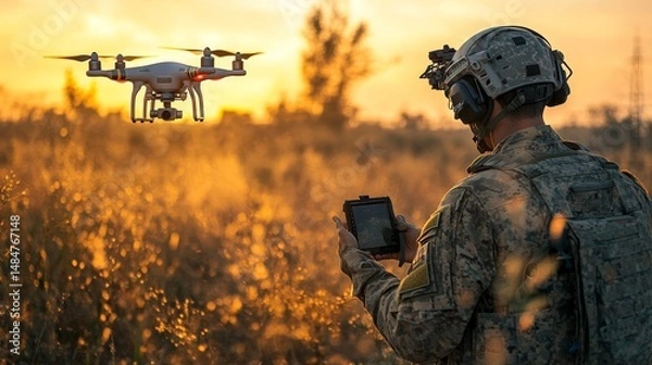 Obraz Soldier operating surveillance drone in camo field with yellow wildflowers.