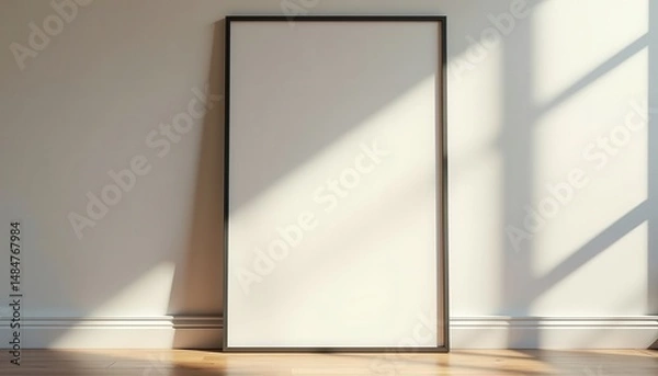 Fototapeta Tall Blank Off-White Canvas in Black Frame with Sunlight and Shadows in Minimalist Setting for Art Mockup or Display [with copy space]