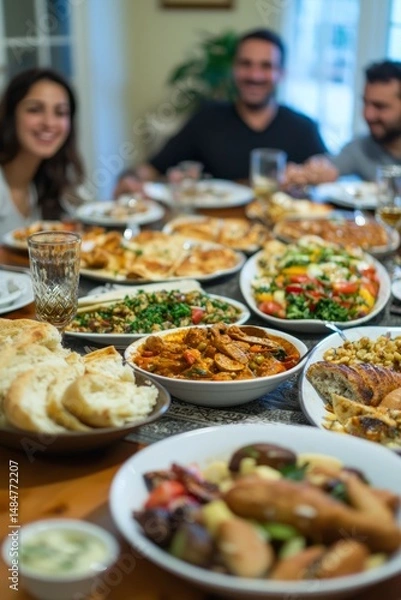 Obraz A family sitting at the dinner table with an array of dishes from different cultures A mother and father are teaching their children how to appreciate the food and customs