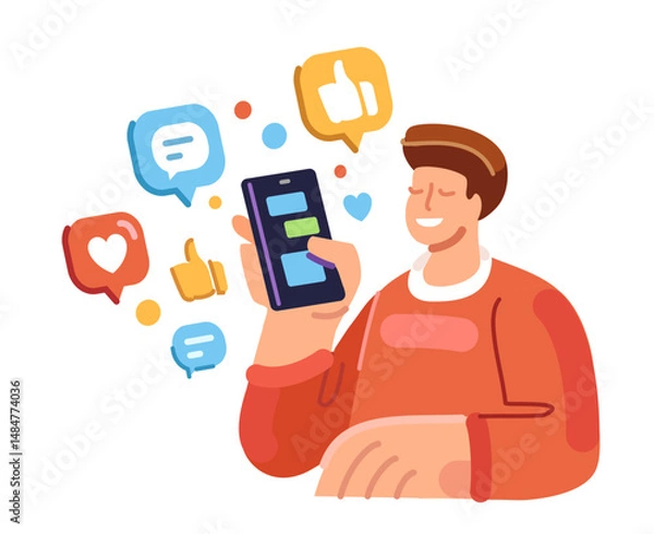 Fototapeta Man interacts with smartphone displaying social media networks. User chats online and browses events and news