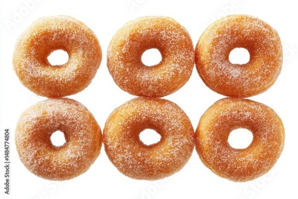 Fototapeta Delightful assortment of sugar-coated doughnuts on clean backdrop showcasing variety in shape and texture
