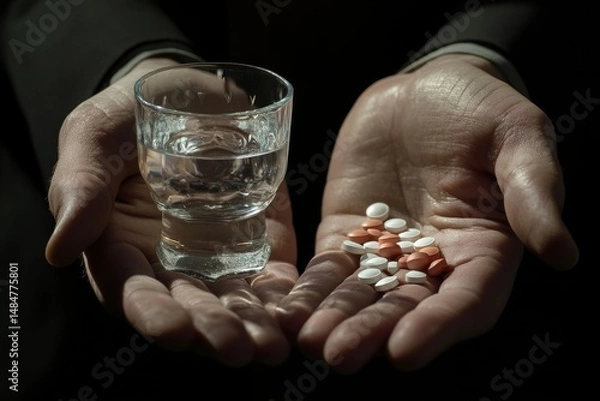 Fototapeta A pair of hands holding a glass of water and a pile of pills against a dark background in a studio shot