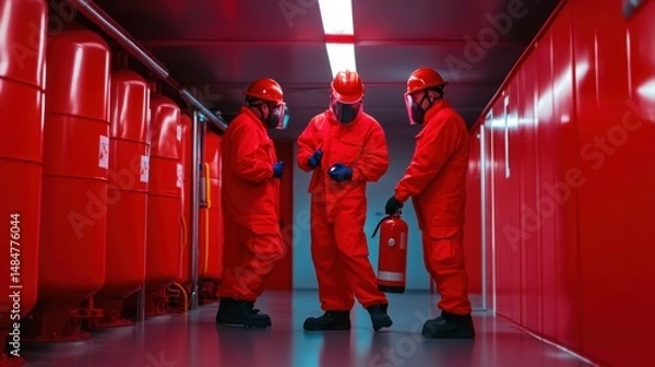 Fototapeta Safety Protocols in a Red Industrial Environment with Fire Equipment