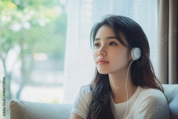 Fototapeta Portrait of a serene young woman wearing headphones and looking thoughtfully towards a bright window