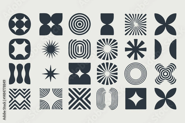 Obraz Brutalist Abstract Geometric Shapes and Grids.Minimal Icons on Beige, Graphic Design for Branding and Digital Art Vector Illustration