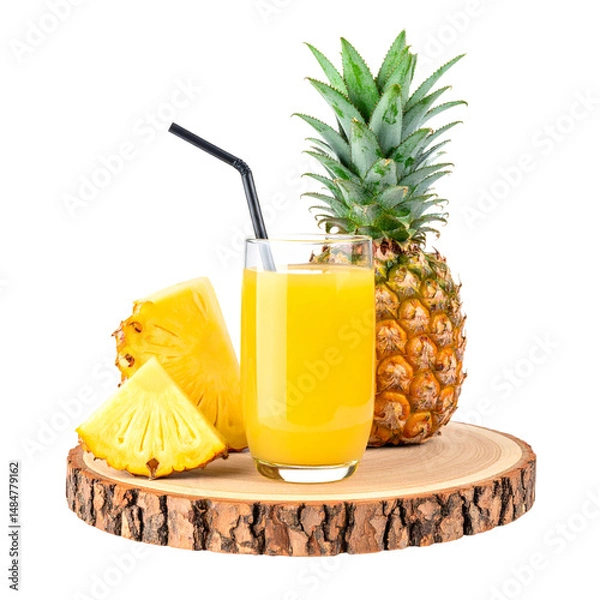 Fototapeta Fresh pineapple juice with slices and whole pineapple