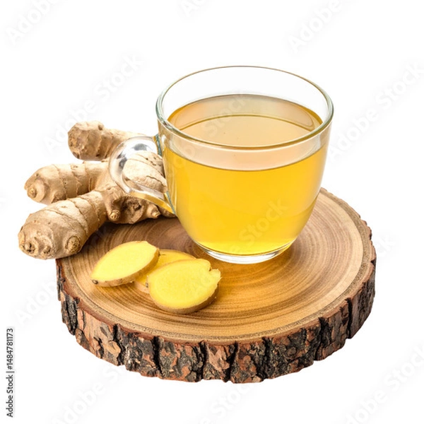 Fototapeta Ginger tea in glass cup with ginger slices