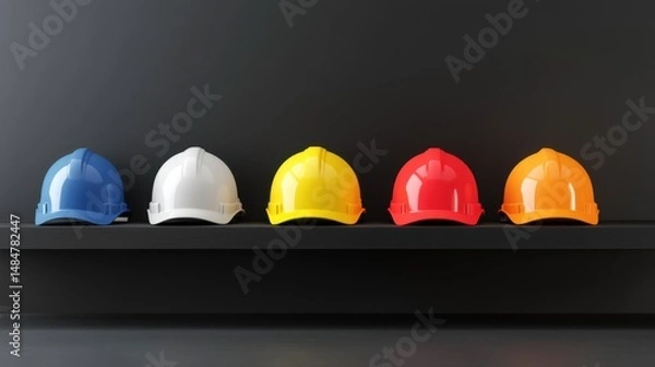 Fototapeta Colorful Construction Hard Hats Displayed Against Dark Background