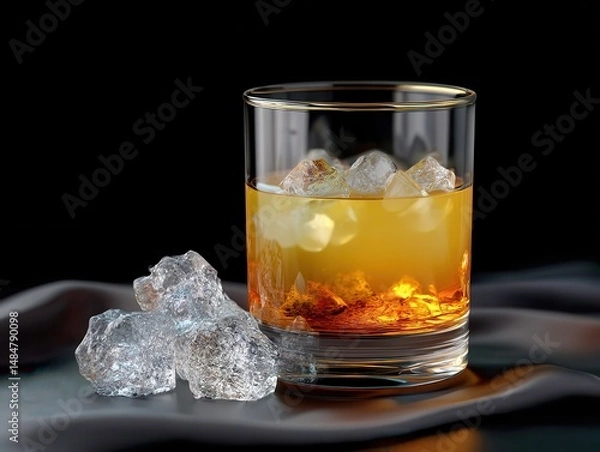 Fototapeta Close-up of Whiskey Pour into Glass with Ice on Black Silk Background - Luxury, Spirits, and Elegant Lifestyle Concept.