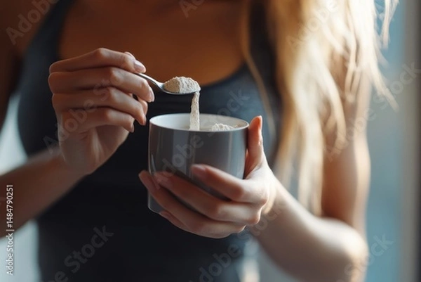Fototapeta Woman adding powder from a spoon into a gray mug in a bright setting with blonde hair visible
