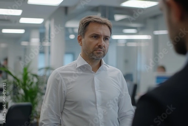 Fototapeta Man in white shirt looks with concern at another person in a modern office setting with plants