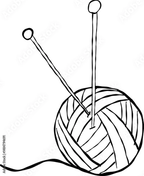Obraz Ball of yarn with knitting needles, hand drawn