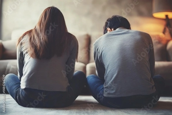 Fototapeta Back view of a woman and a man sitting apart on the floor with a couch behind them in a living room