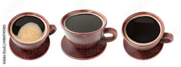 Obraz Various clay cups of black coffee isolated on transparent background