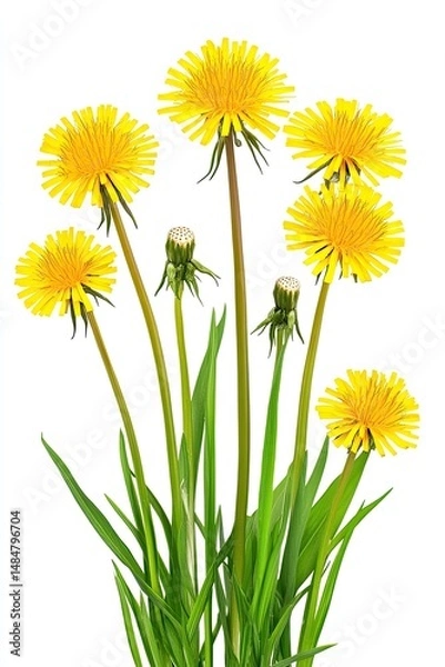 Fototapeta Group of vibrant yellow dandelions with green stems and leaves against a white background.  Detailed close-up view of flower heads and foliage