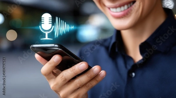 Fototapeta A person using voice recognition on a smartphone for seamless communication.